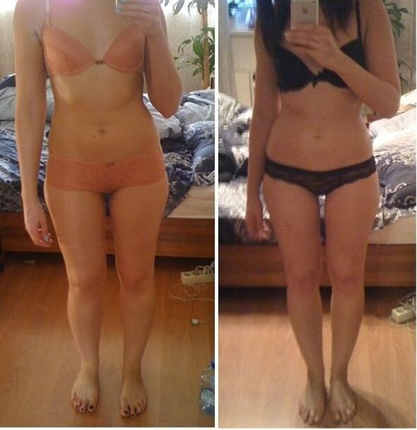 Tüdruk enne ja pärast kehakaalu langetamist Jaapani dieedil 14 päeva jooksul